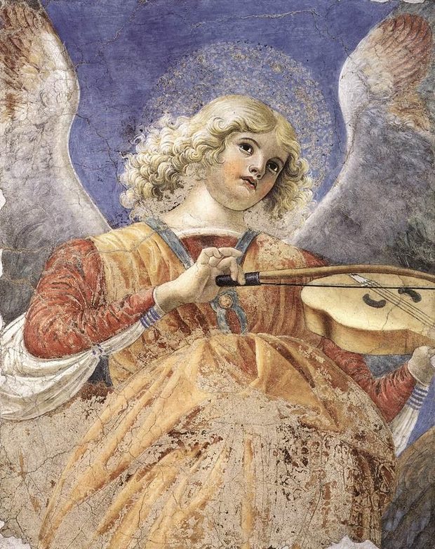 Melozzo da Forli painting: an angel making music on a stringed instrument