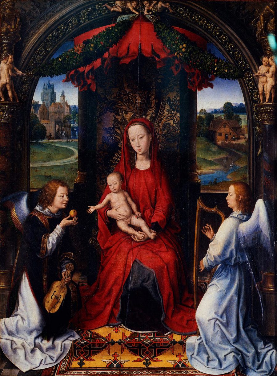Hans Memling painting: the Virgin enthroned with the Christ child, flanked by two angels making music
